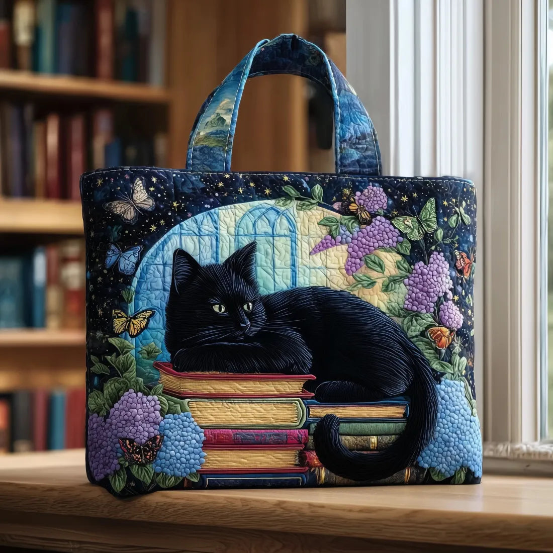 Ръчно изработена чанта Черна котка върху книги