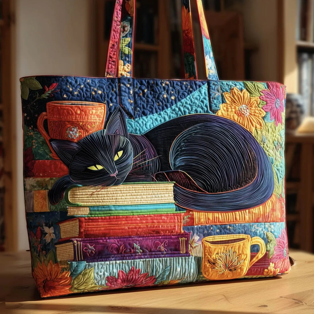 Ръчно изработена чанта Черна котка с книги и чаши