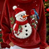 Суитшърт от фланела с изкуство на снежен човек и птици за жени