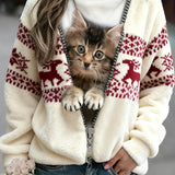 Удобен фланелен суитшърт с ретро животинска арт печат за жени