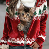 Удобен фланелен суитшърт с ретро животински арт принт за жени