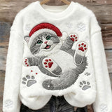 Суитшърт с котешки коледен принт за жени