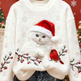 Суитшърт Casual от Фланела с Коледно Котешко Изкуство за Жени