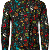 Забавна коледна риза с дълги ръкави за мъже с елени и снежинки