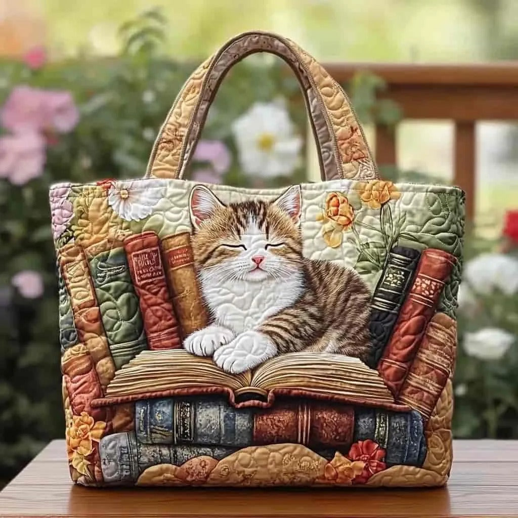Ръчно изработена чанта Котка спи с книги